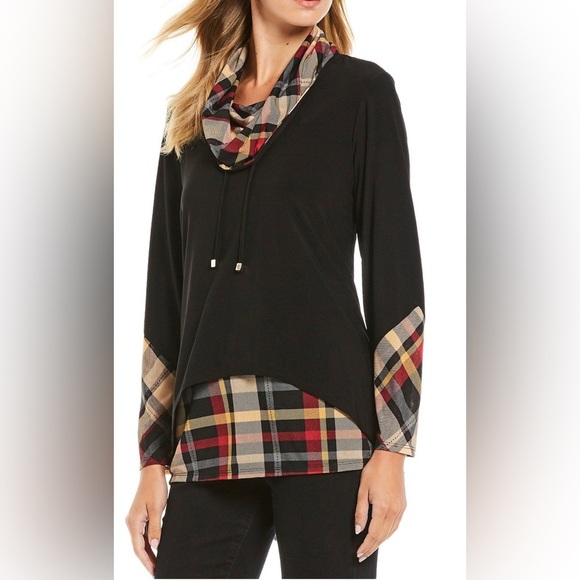 Ali Miles Black and Tan Cowl Neck Sweater with Plaid Accents - Picture 1 of 7